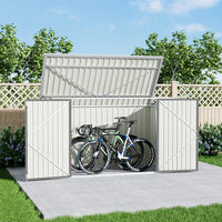 grey 7x3ft garden shed with door open, storing bikes beside patio fence