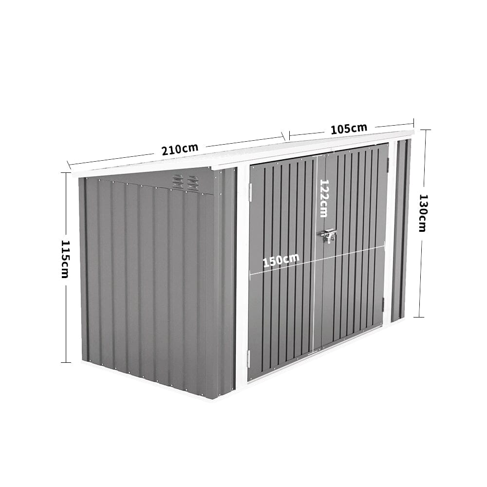 7x3ft grey garden shed closed – detailed size diagram for steel bin storage unit
