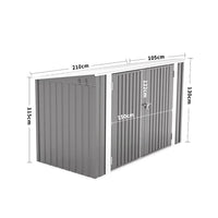 7x3ft grey garden shed closed – detailed size diagram for steel bin storage unit