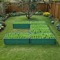 Green U-shaped Metal Raised Garden Bed placed in a vibrant garden with healthy plants