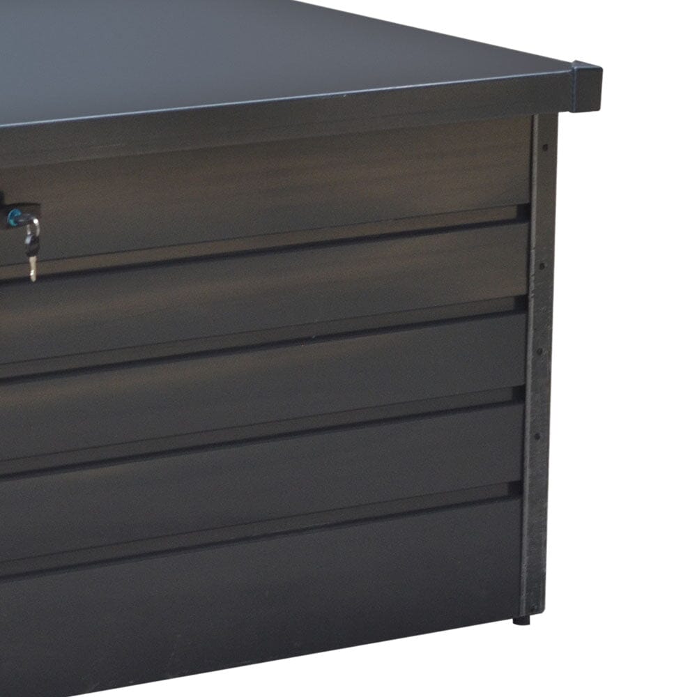 600L Garden Storage Chest Aerial Corner View – Steel Construction with Locking Lid
