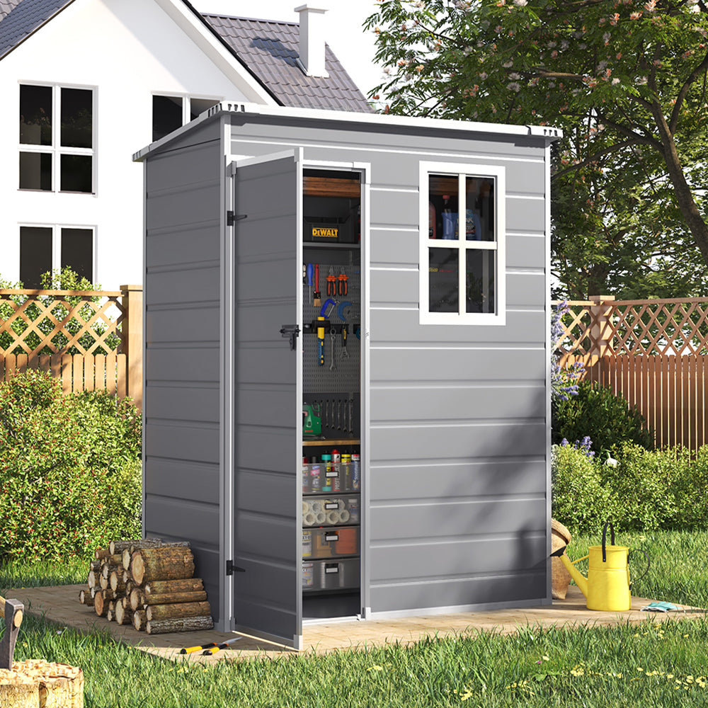 5x3ft grey plastic garden shed with open door in backyard, showing interior storage space