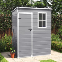 5x3ft grey plastic outdoor shed with closed door, sloped top design placed in garden