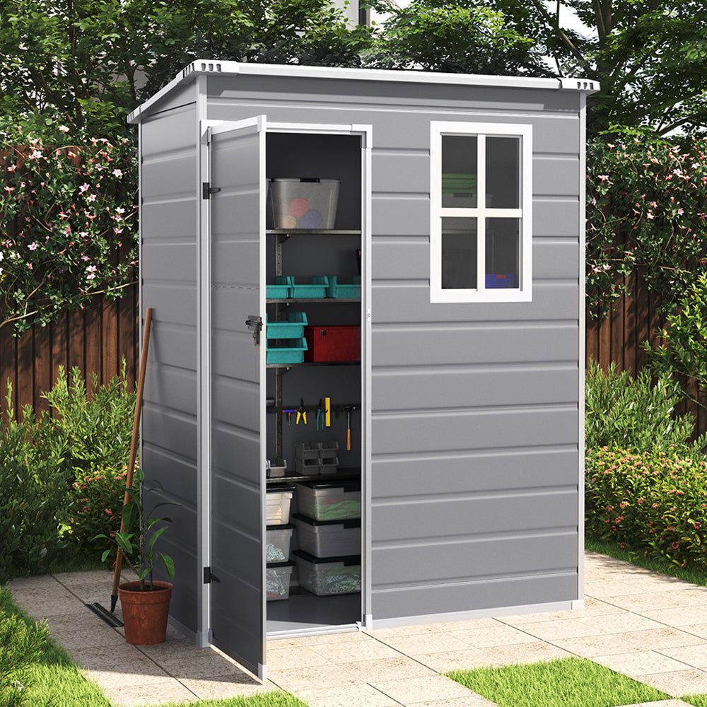 5x3ft grey plastic outdoor storage shed with sloped top for garden tools and equipment