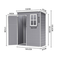 5x3ft grey plastic outdoor storage shed dimension chart with height, width, and depth measurements