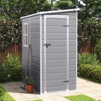 5x4ft grey plastic garden storage shed with closed door placed in backyard setting