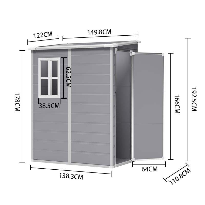 dimension chart of 5x4ft grey plastic outdoor storage shed showing height, width, and depth