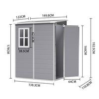 dimension chart of 5x4ft grey plastic outdoor storage shed showing height, width, and depth