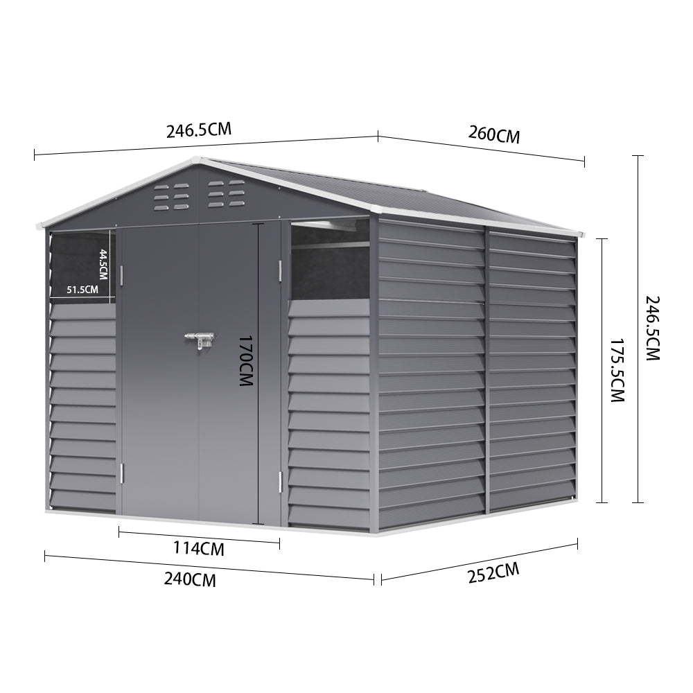 dimension chart of 8x9ft double-door charcoal steel tool shed showing height, width, and depth measurements
