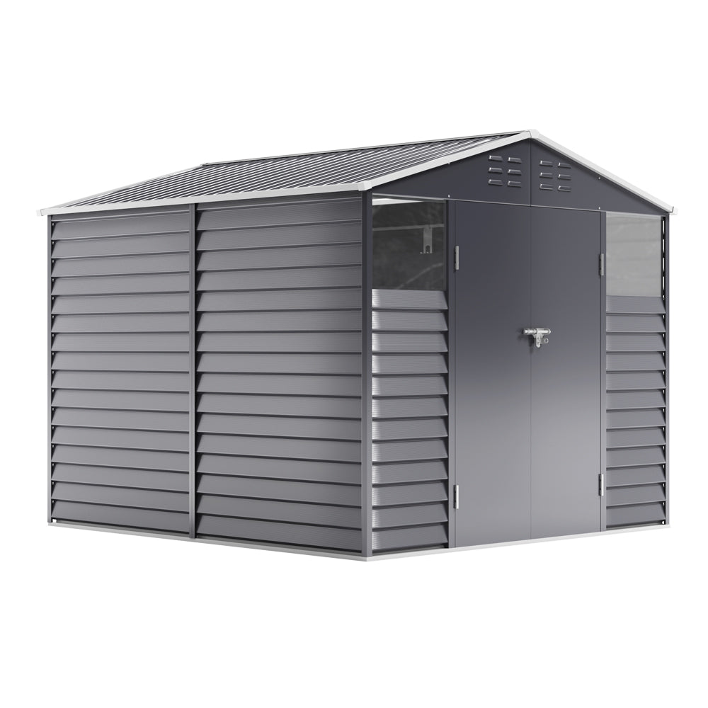 8x9ft charcoal steel outdoor tool shed with double doors isolated on white background