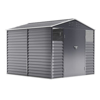 8x9ft charcoal steel outdoor tool shed with double doors isolated on white background