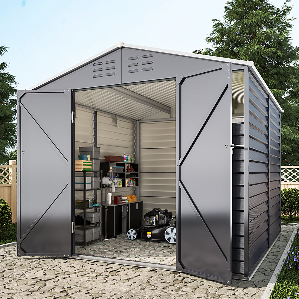 8x9ft double-door charcoal steel tool shed with front window and ventilation panels for garden storage