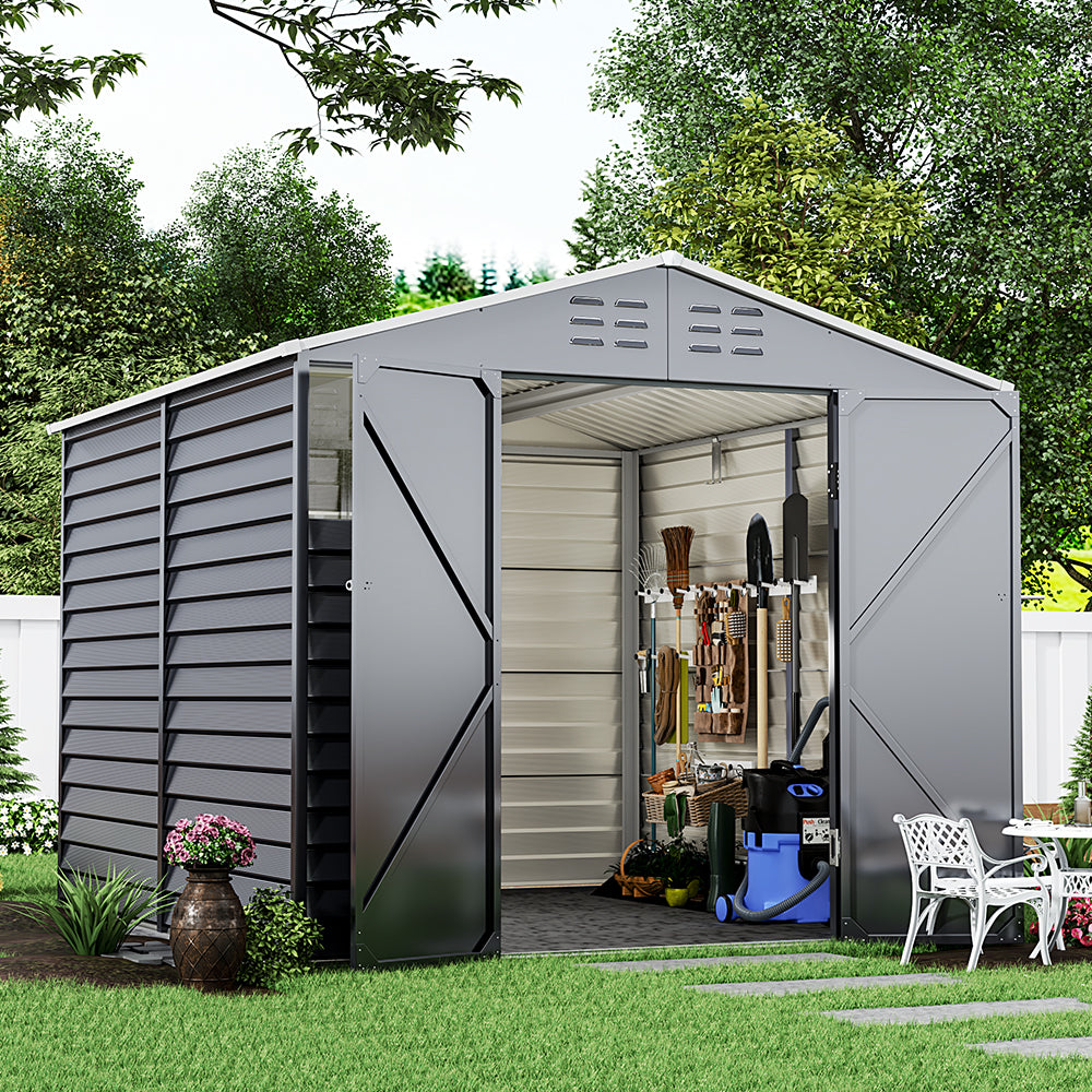 side view of 8x9ft double-door charcoal steel tool shed with front window and ventilation