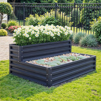 Multiple Outdoor Double-Layer Rectangular Metal Raised Garden Beds arranged in a sunny backyard garden