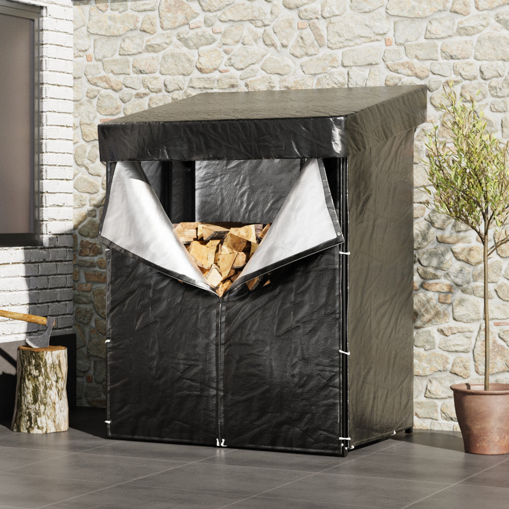 S Size Covered Firewood Rack in Garden – Neat Outdoor Wood Storage Solution