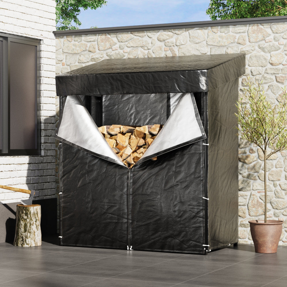 M Size Firewood Storage Rack with PE Cover in Backyard – Ideal for Seasonal Wood Storage