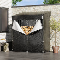 M Size Firewood Storage Rack with PE Cover in Backyard – Ideal for Seasonal Wood Storage