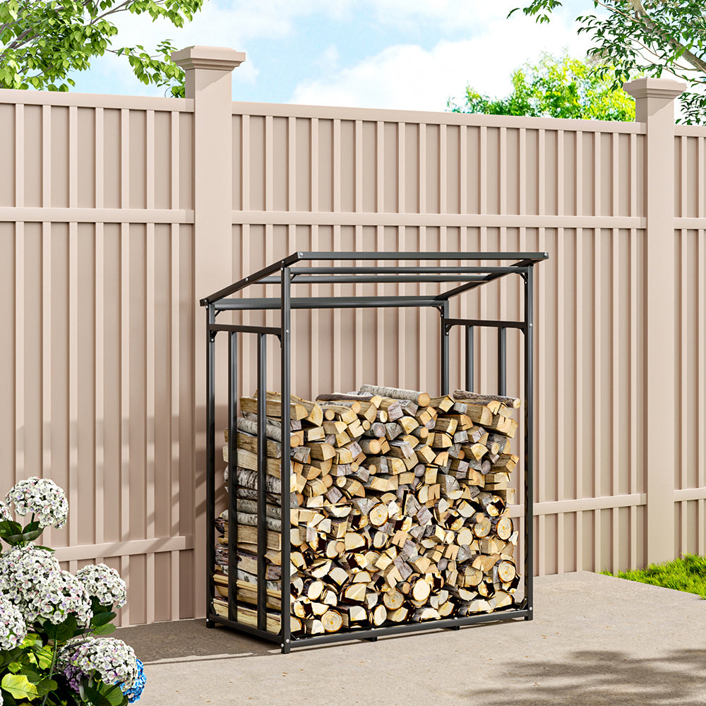 M Size Metal Tube Firewood Rack with PE Cover – Medium Outdoor Log Storage with Weatherproof Roof