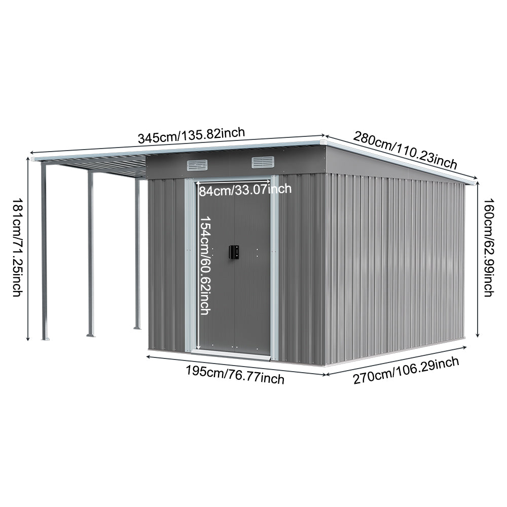 dimension chart of 9x6ft garden metal pent roof storage shed with height, width, and depth measurements