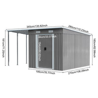 dimension chart of 9x6ft garden metal pent roof storage shed with height, width, and depth measurements