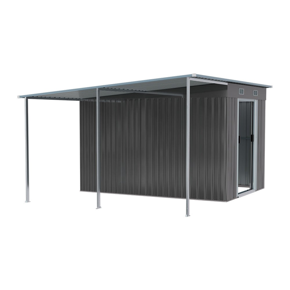 9x6ft galvanized metal garden shed with pent roof, isolated on white background