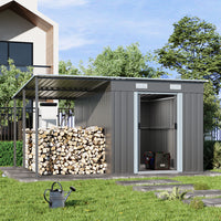 9x6ft outdoor metal storage shed with open door, storing firewood neatly in backyard