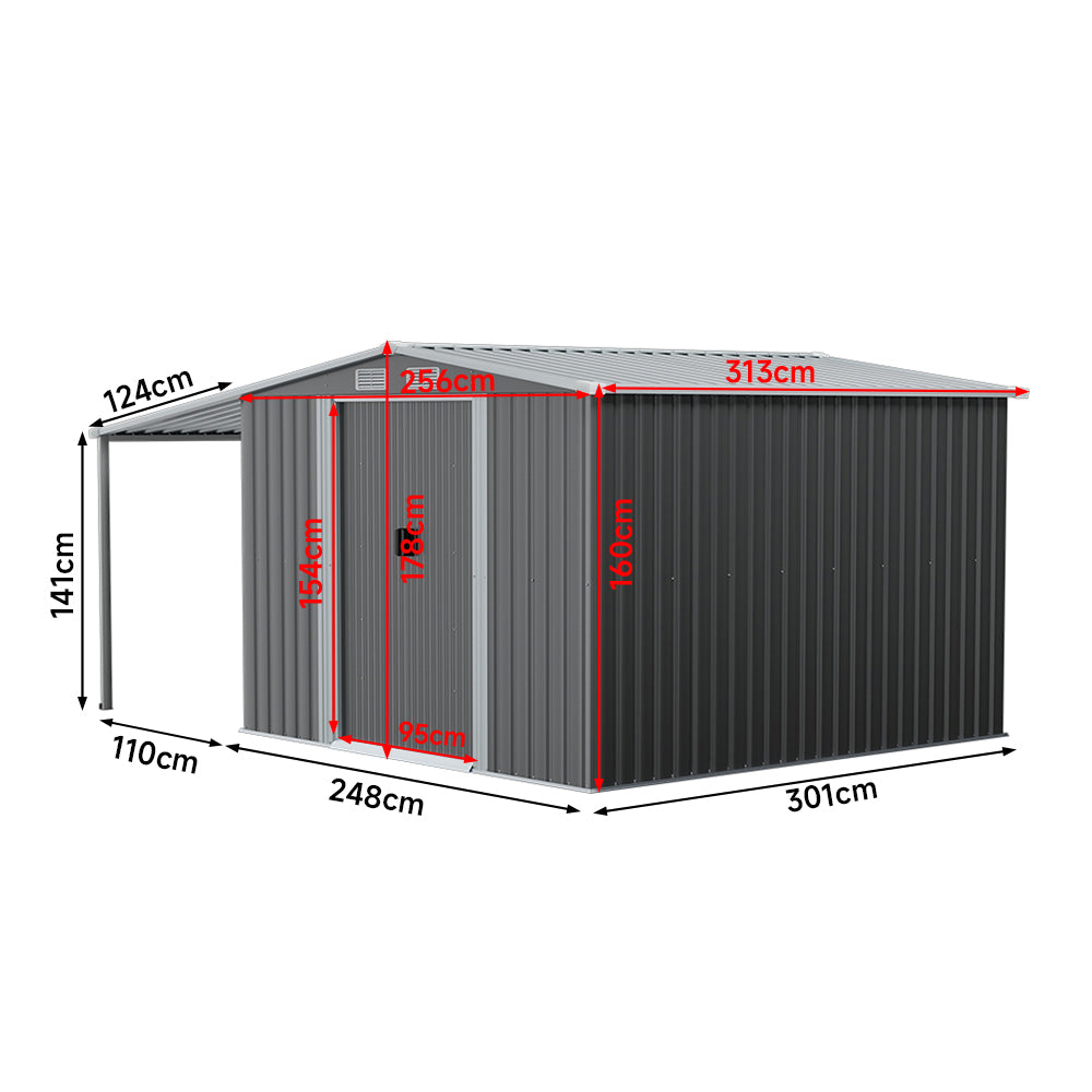 10x8ft galvanised metal garden tool shed with lean-to, full dimension chart