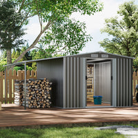 10x8ft dark grey galvanised metal garden tool shed with lean-to and double doors