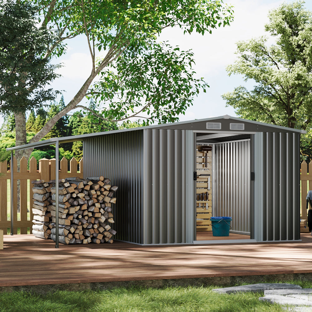 10x8ft dark grey galvanised metal garden tool shed with lean-to and double doors