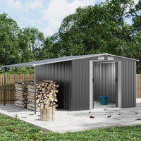 open 10x8ft dark grey metal garden shed used for firewood storage in backyard