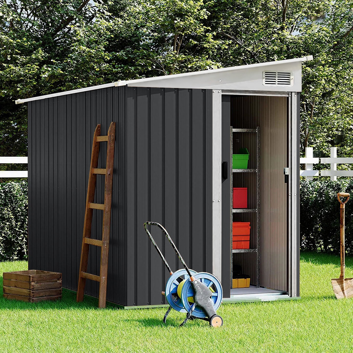 5x7ft charcoal black garden shed with sliding doors open – organized tool storage in backyard