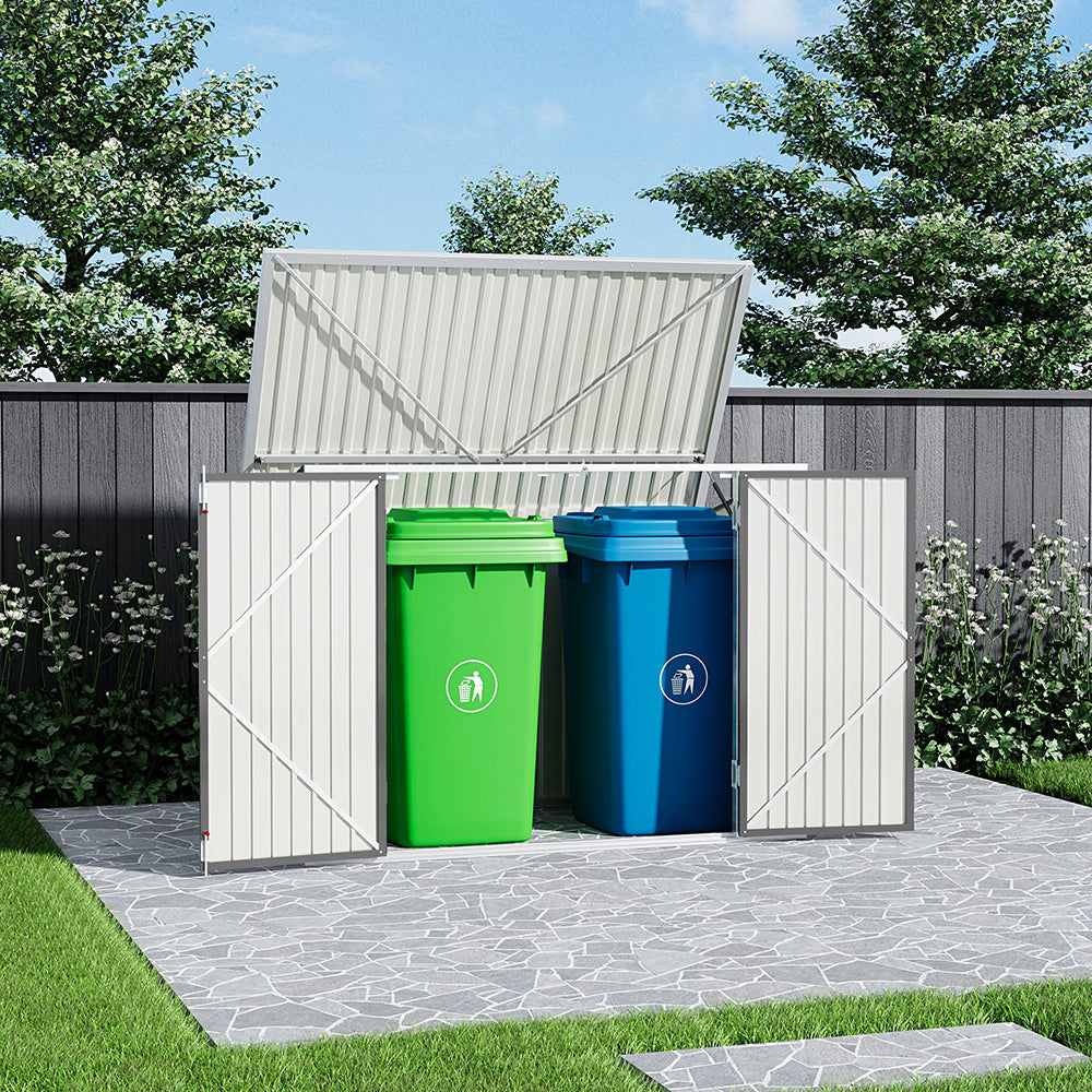 Grey 6x3ft Garden Bin Shed in Patio Setting – Stylish Steel Waste Storage Solution