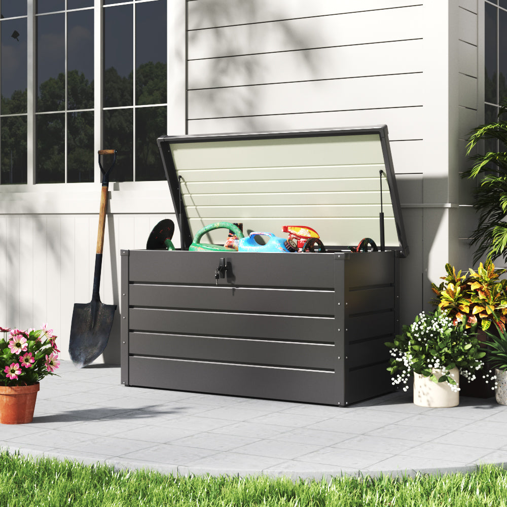 Open Grey 350L Metal Garden Storage Box with Tools – Spacious Lockable Outdoor Chest for Patio or Shed