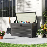 Open Grey 350L Metal Garden Storage Box with Tools – Spacious Lockable Outdoor Chest for Patio or Shed