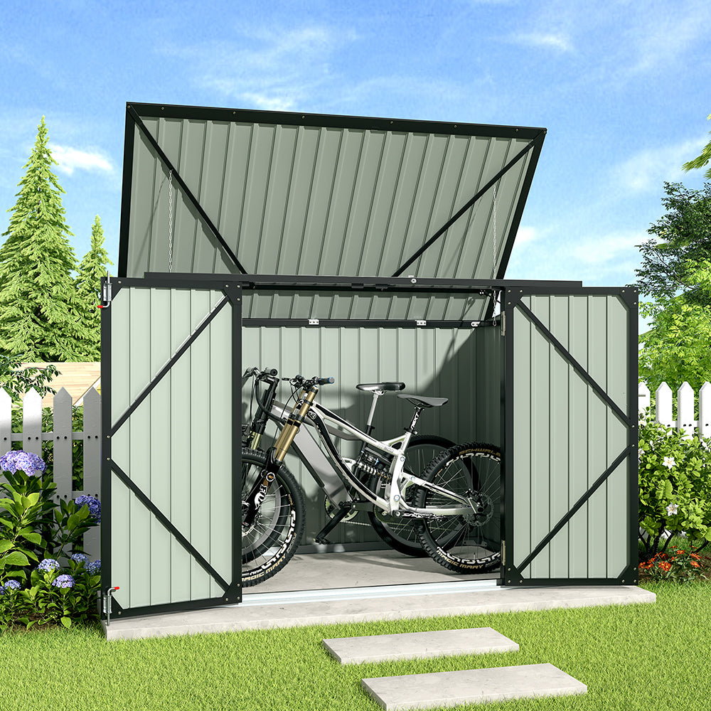 7x3ft black garden metal garbage shed with lockable double doors and sloped roof for secure outdoor storage