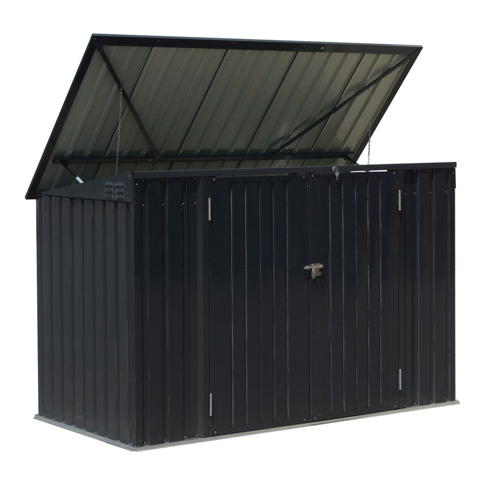 black 7x3ft metal outdoor bin storage shed with double doors and lock, shown on white background