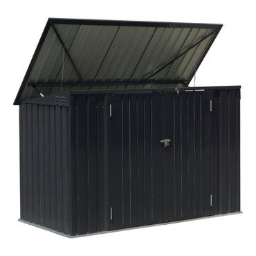 black 7x3ft metal outdoor bin storage shed with double doors and lock, shown on white background