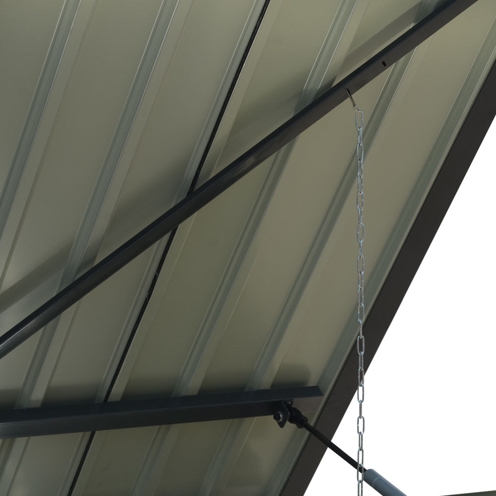 close-up detail of lockable double door and hinge design on black 7x3ft metal garbage shed