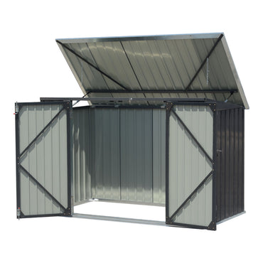 black 6x4ft steel bin storage shed with hinged top lid, isolated on white background