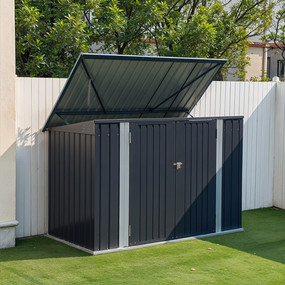 6x4ft black steel bin storage shed with open top lid placed against garden wall for easy waste access
