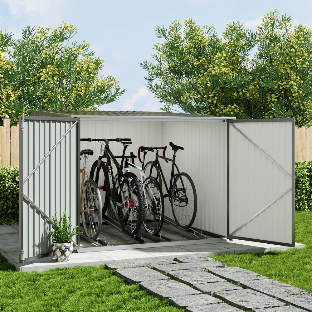 6x7ft grey garden lockable bike storage shed with wide double doors and pent roof design