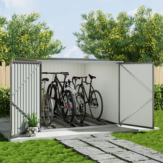 6x7ft grey garden lockable bike storage shed with wide double doors and pent roof design