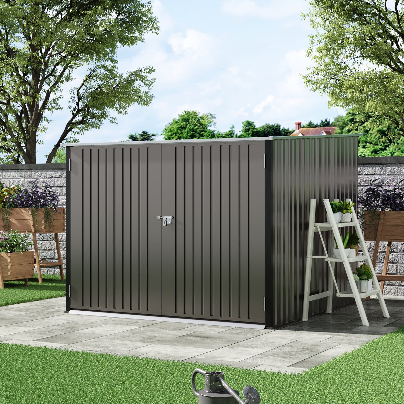 closed 6x7ft grey metal bike storage shed blending seamlessly into backyard or patio