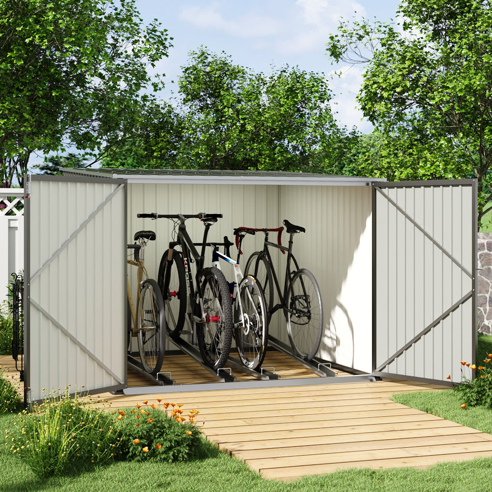 6x7ft outdoor bike shed with open doors showing multiple bicycles stored inside, set in modern garden