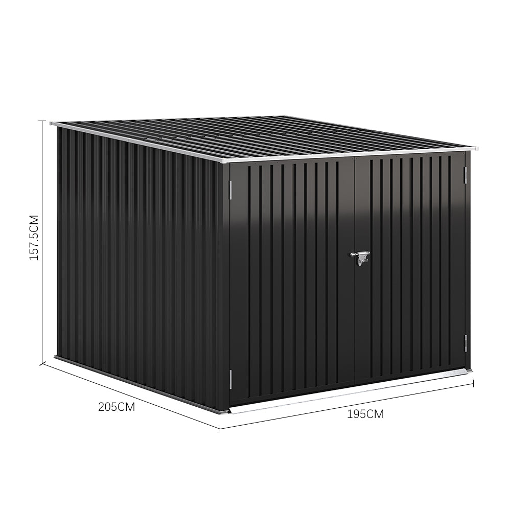 dimension chart of 6x7ft black galvanized steel bicycle storage shed showing height, width, and depth