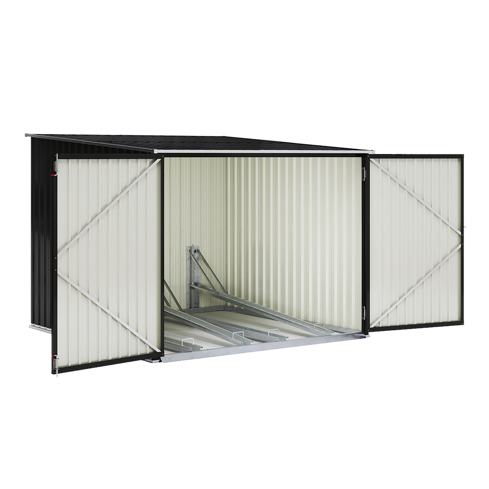black 6x7ft galvanized steel bike storage shed isolated on white background