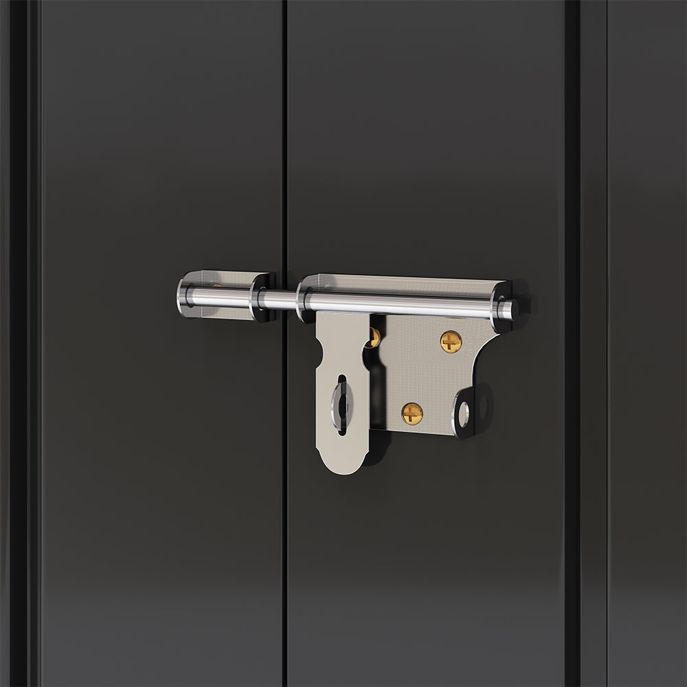 close-up of lockable door handle on black galvanized steel bicycle storage shed