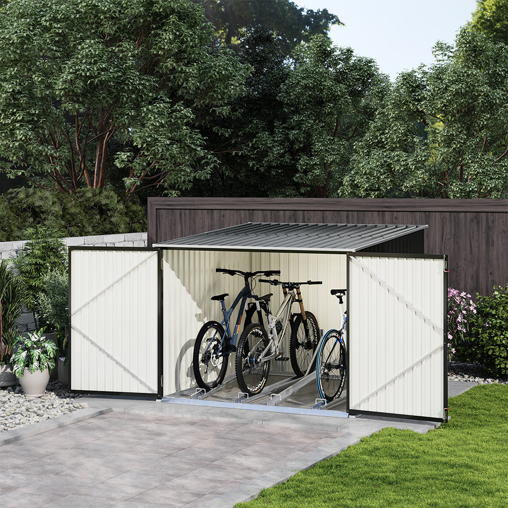 backyard scene showing 6x7ft black galvanized steel bike shed with open door storing bicycles