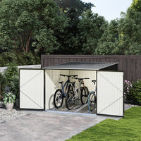 backyard scene showing 6x7ft black galvanized steel bike shed with open door storing bicycles