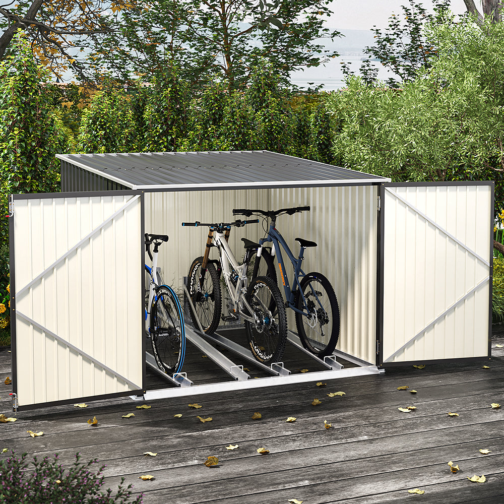 side view of 6x7ft black galvanized steel bicycle storage shed with open door and bikes inside